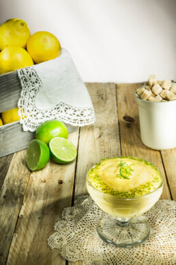 Food photography, tasty photo of lemon pudding with lime zest